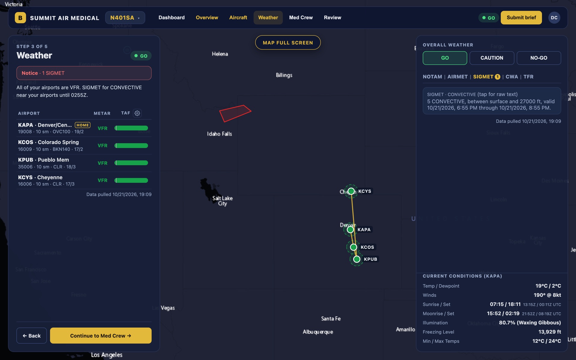 The pilot app on a desktop: airports, weather and SIGMETs on a map beside the weather step