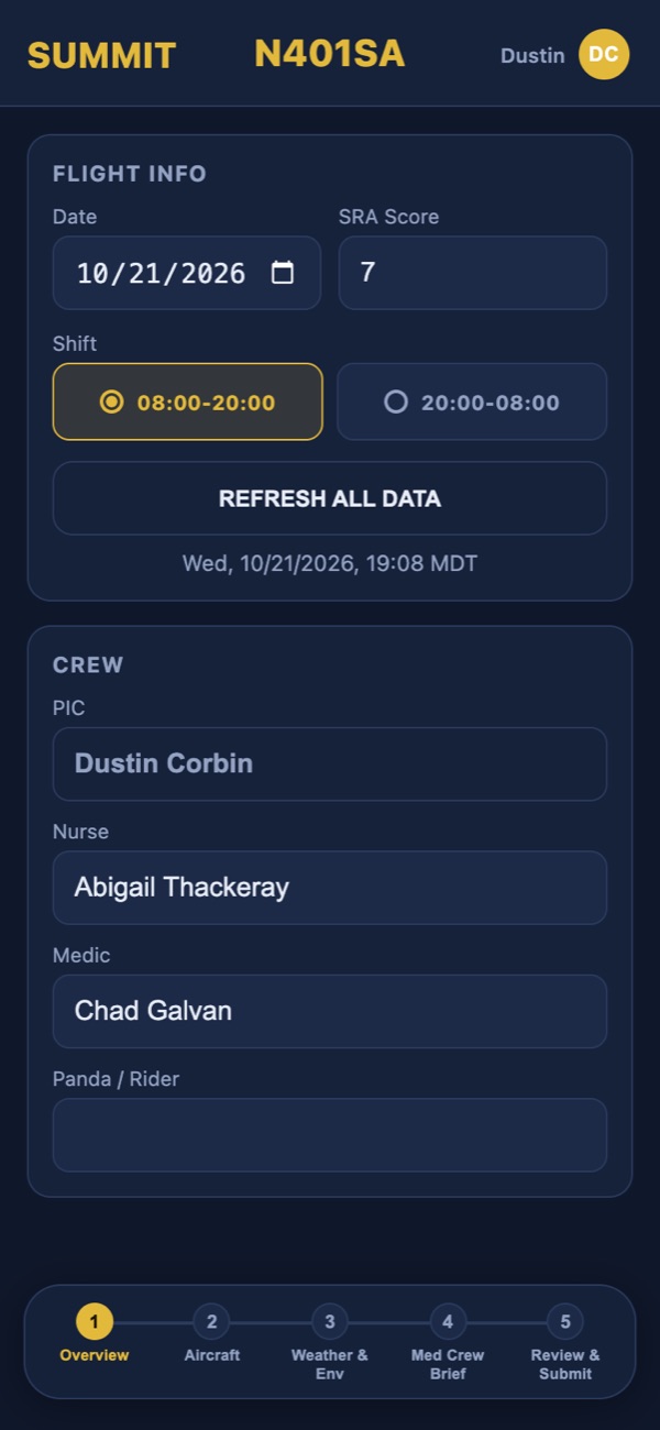 The BRIEFED pilot app on a phone, showing the current briefing step